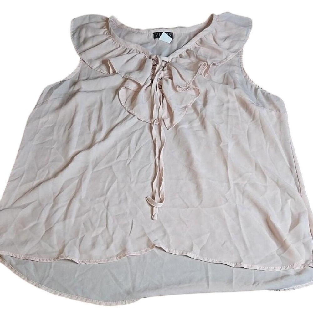 Venus Sleeveless Ruffle Lace Up Sheer Romantic Ethereal Blouse, Pastel Pink, XL